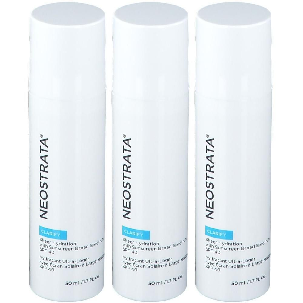 Drei weiße Flaschen NEOSTRATA CLARIFY Sheer Hydration mit LSF 40.