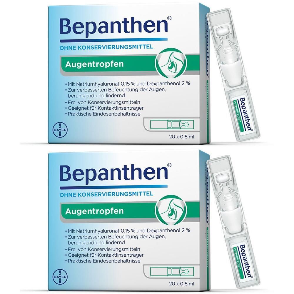 Zwei Packungen Bepanthen Augentropfen, jeweils mit 20 Einzeldosen à 0,5 ml.