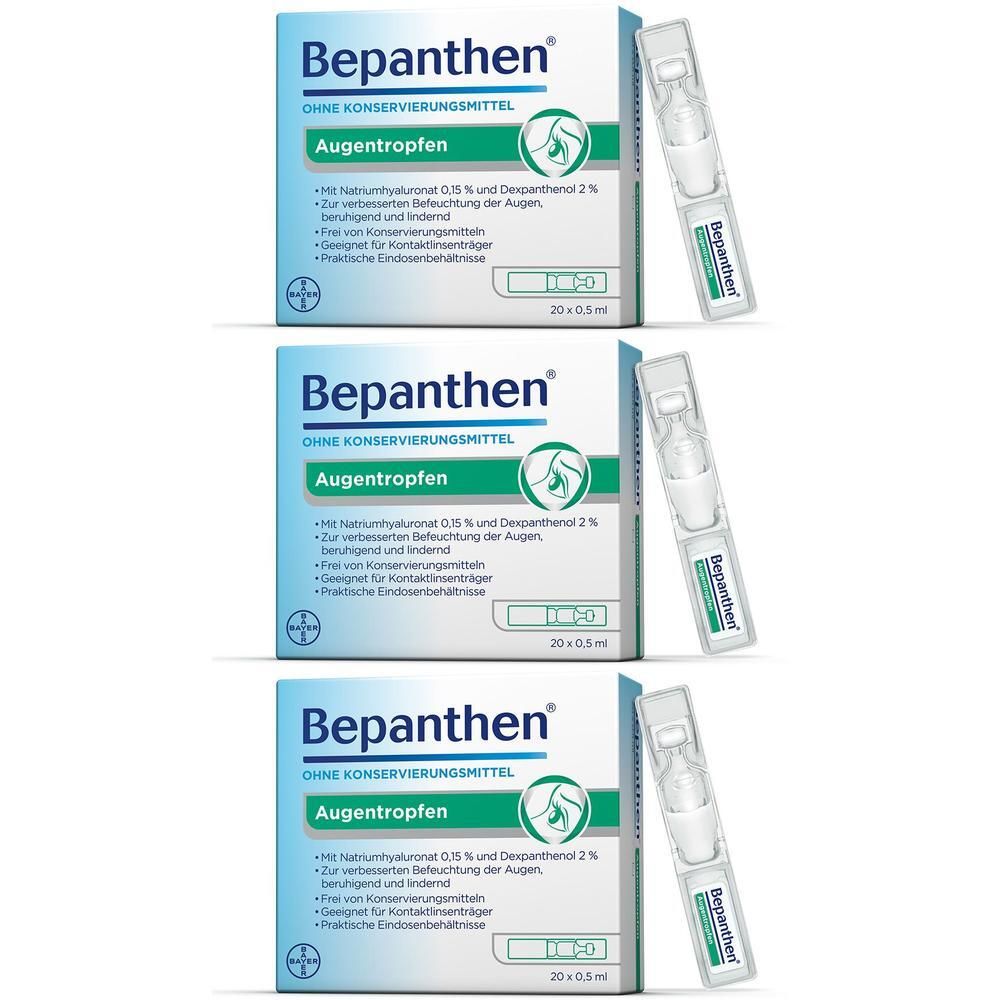 Drei Packungen Bepanthen Augentropfen, jeweils mit 20 Einzeldosispipetten à 0,5 ml.