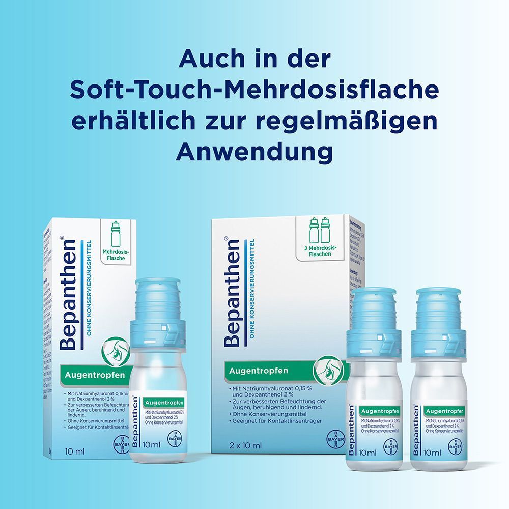 Bepanthen Augentropfen in Mehrdosisflaschen (10 ml) und Einzeldosispipetten (20x0,5 ml).