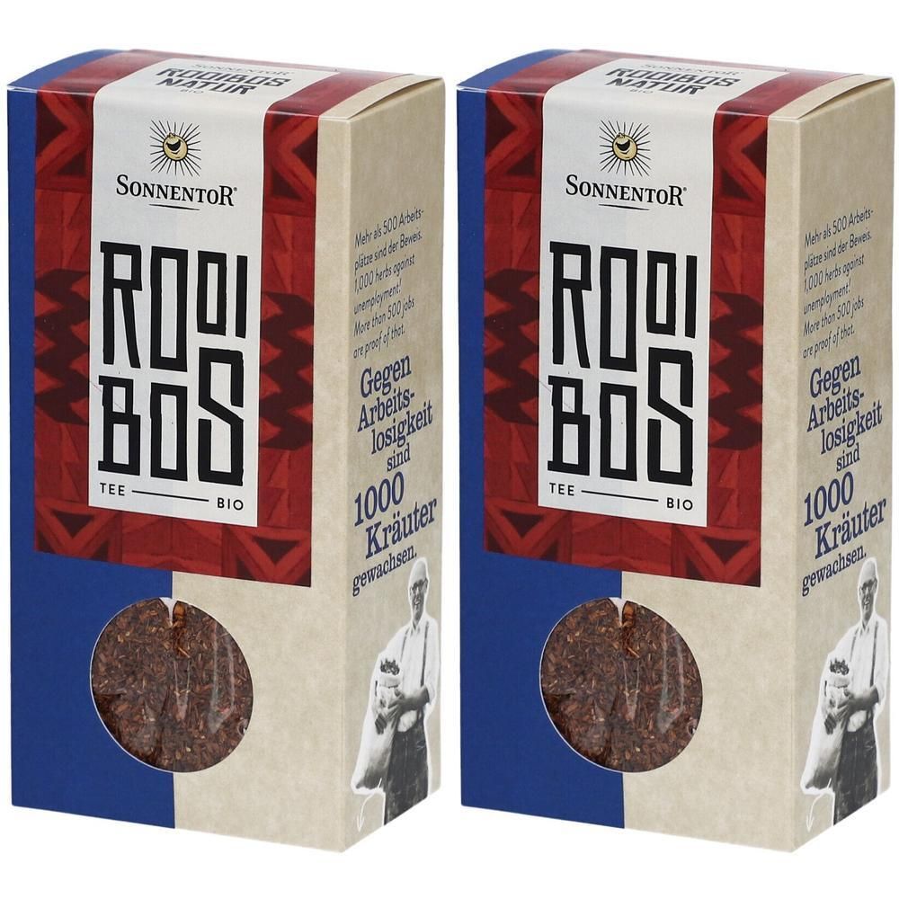 Zwei Packungen Sonnentor Rooibos Tee, lose, Bio. Mit Sichtfenster auf den Tee.