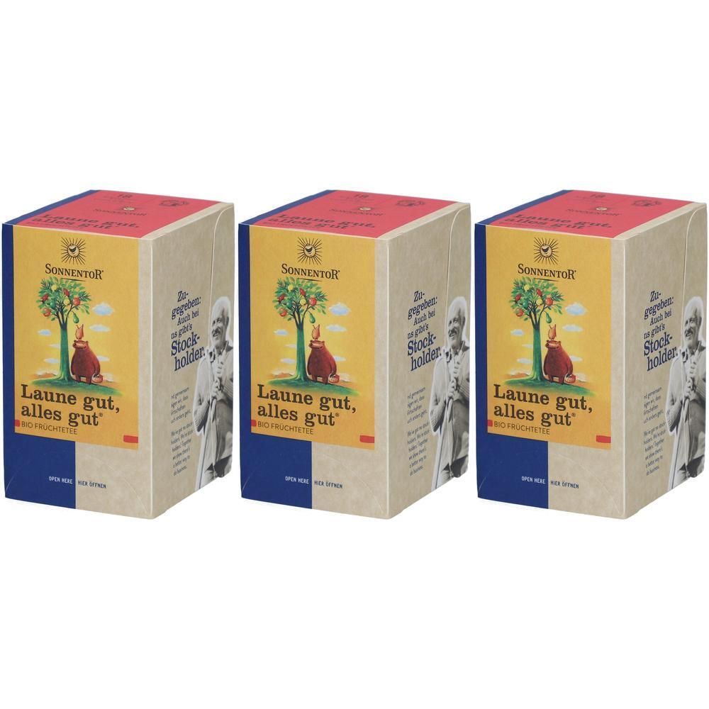 Drei Packungen Sonnentor "Laune gut, alles gut" Früchtetee. Bunte Verpackung mit Baum und Hase.