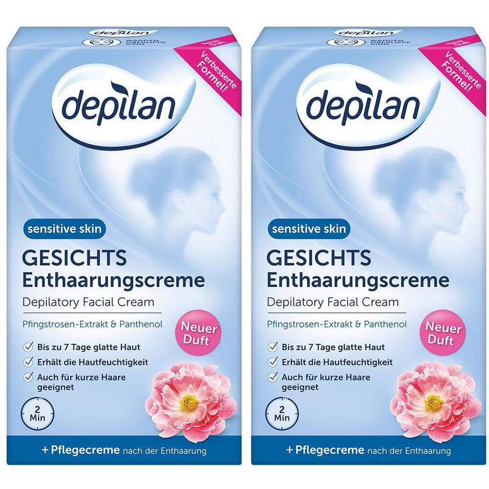 Zwei Packungen depilan Sensitive Skin Gesichtsenthaarungscreme mit Pfingstrosen-Extrakt & Panthenol.
