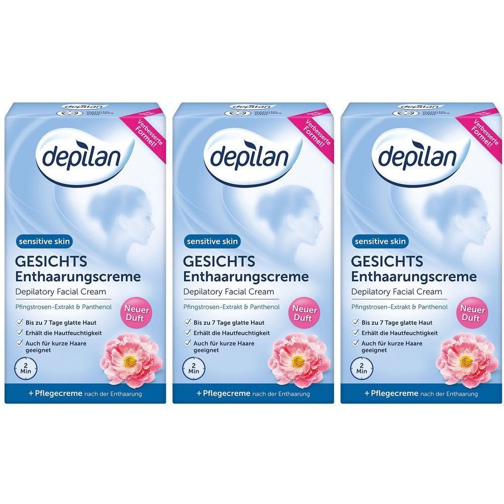 Drei Packungen depilan Sensitive Skin Gesichtsenthaarungscreme mit Pfingstrosen-Extrakt und Panthenol.