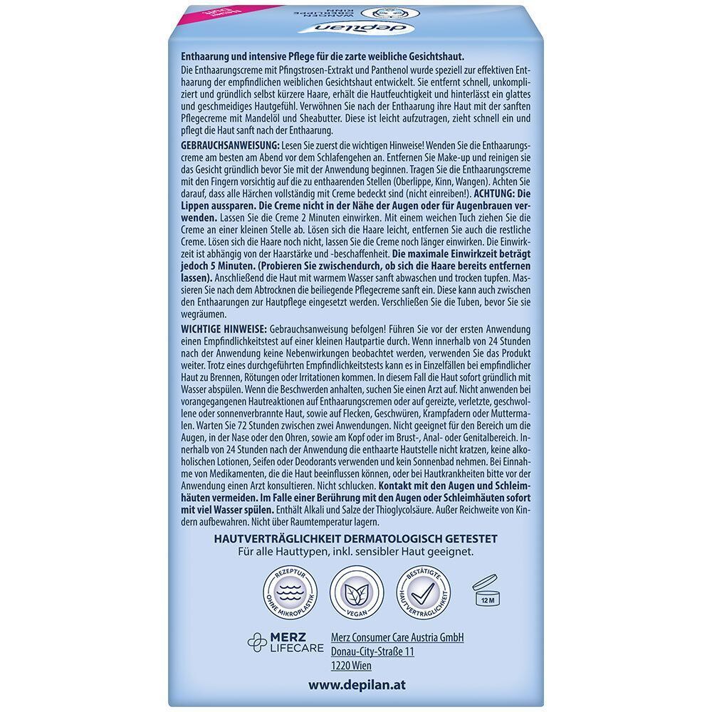 Rückseite einer Packung depilan Sensitive Skin Gesichtsenthaarungscreme mit Anwendungshinweisen und Dermatologisch getestet Siegel.