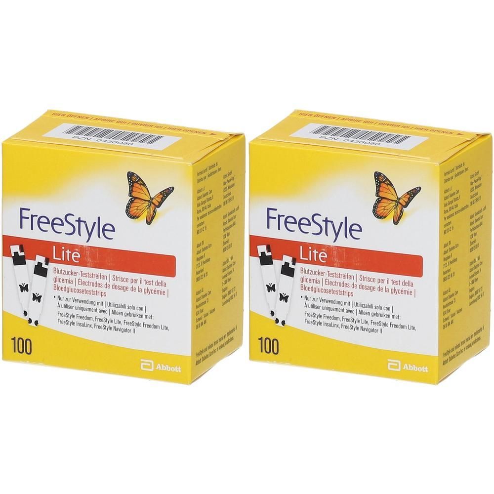 Zwei Packungen Freestyle Lite Teststreifen, je 100 Stück. Gelbe Verpackung mit Schmetterlingsmotiv und Abbott-Logo.