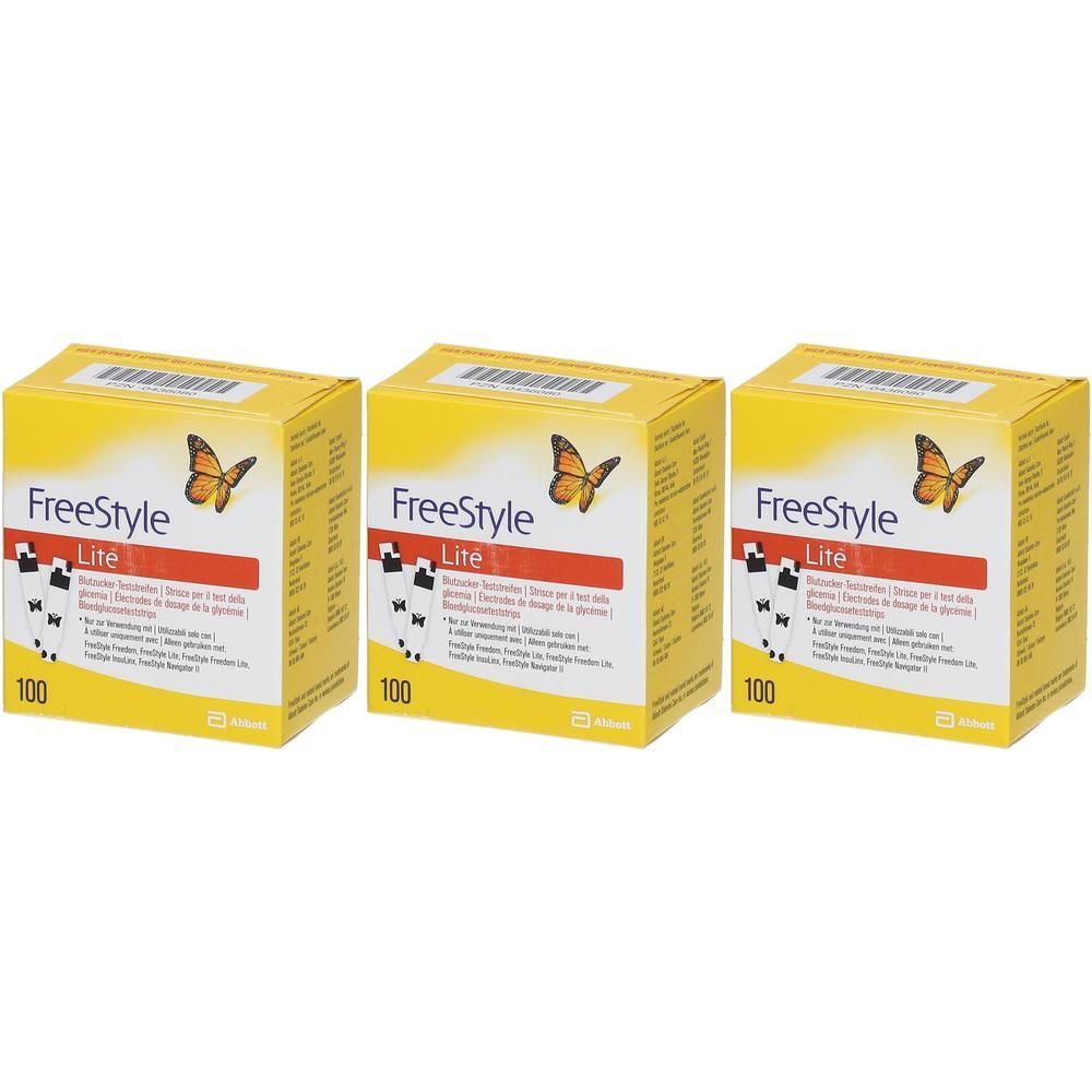 Drei Packungen Freestyle Lite Teststreifen, jeweils 100 Stück. Gelbe Verpackung mit Schmetterlingsmotiv.