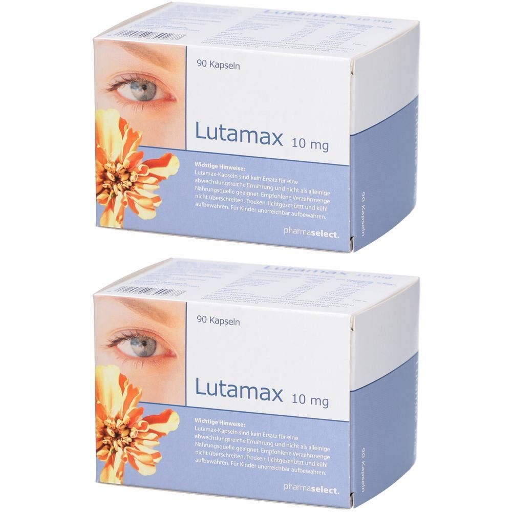 Zwei Packungen Lutamax 10 mg Kapseln mit Augenmotiv und Blumenillustration.
