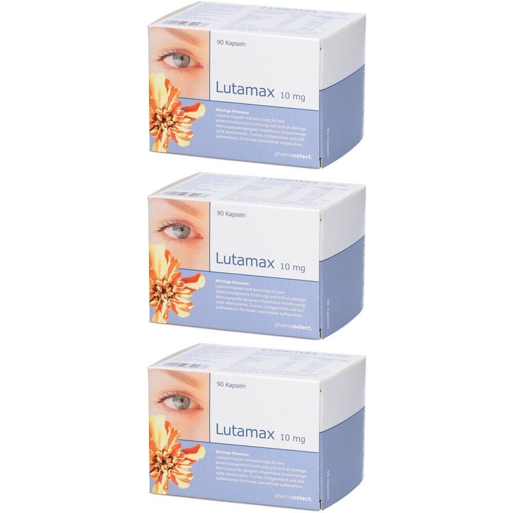 Drei Schachteln Lutamax 10 mg mit Augen- und Blumenmotiv.