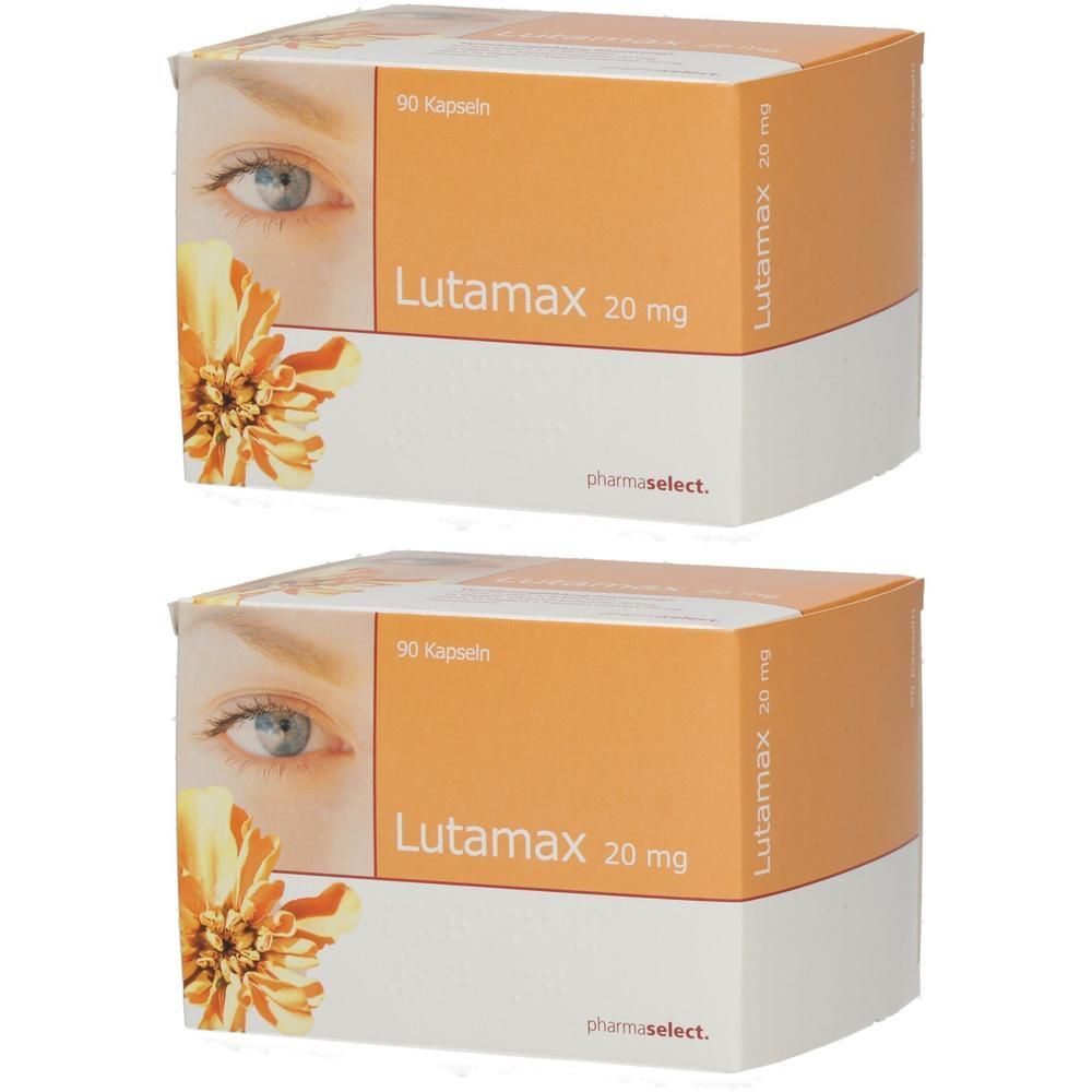 Zwei Packungen Lutamax 20 mg Kapseln mit Augenmotiv und Blumenillustration.