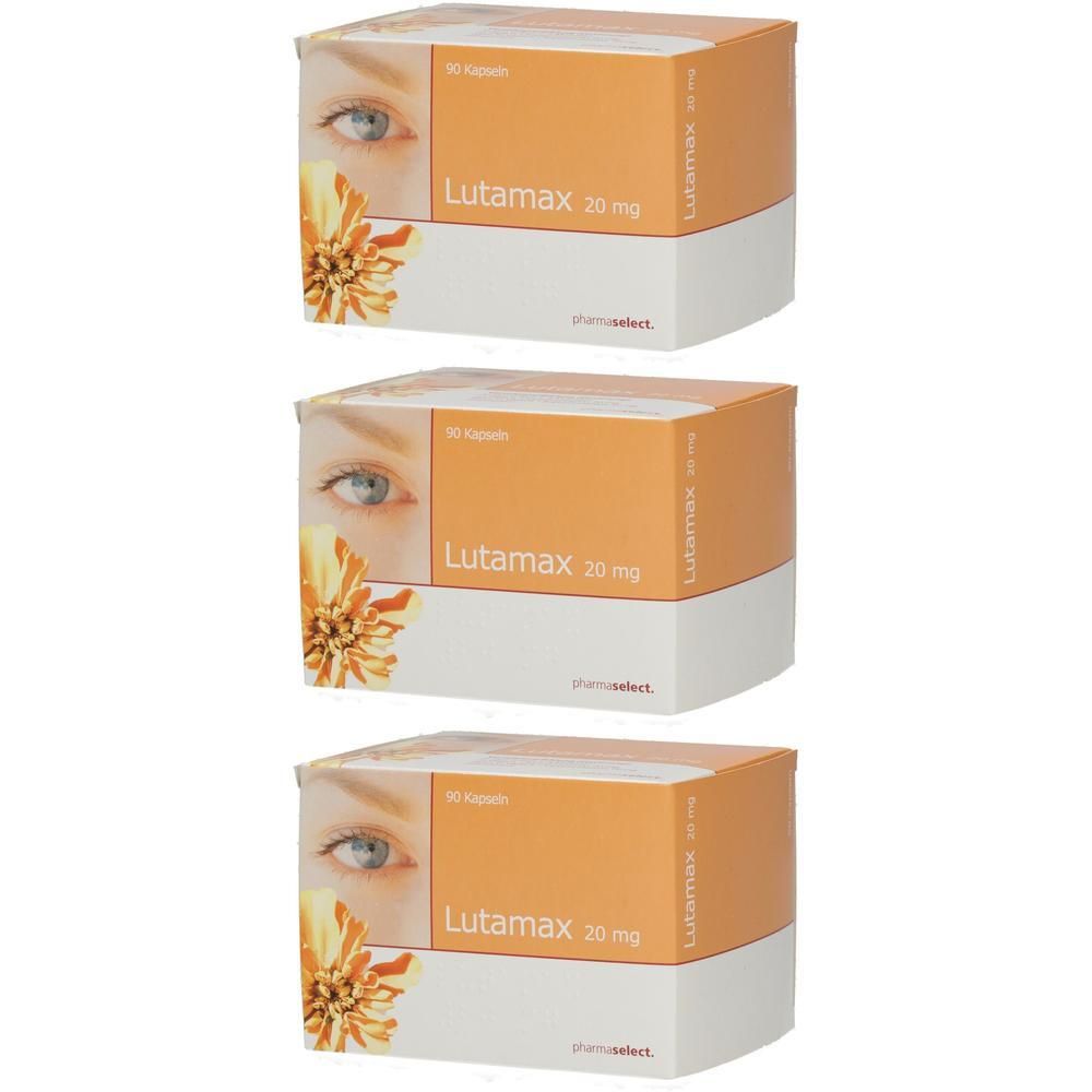 Drei Packungen Lutamax 20 mg Kapseln mit Augenmotiv und Blume.