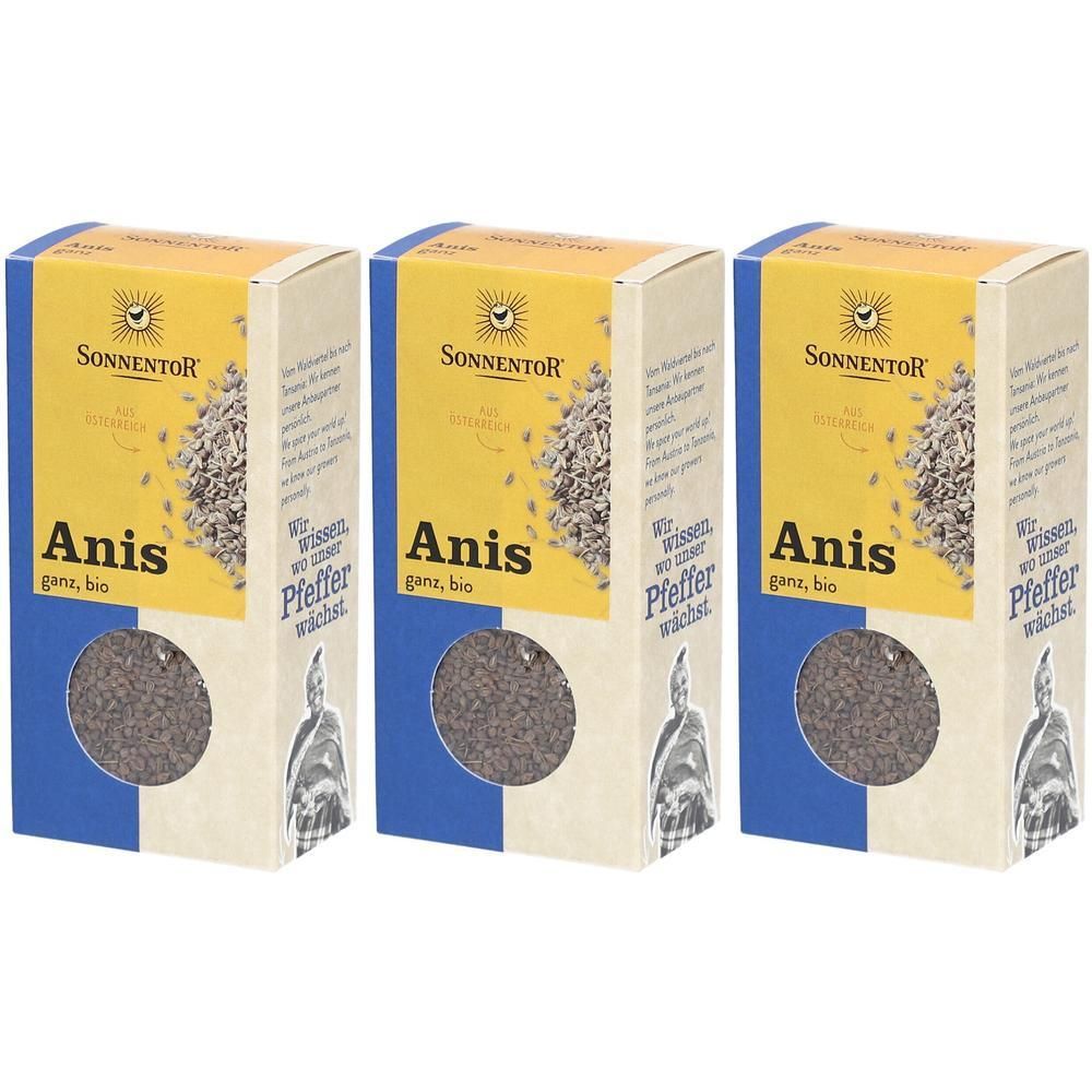 Drei Packungen SonnentoR Bio Anis, jeweils mit Sichtfenster, das die Samen zeigt.