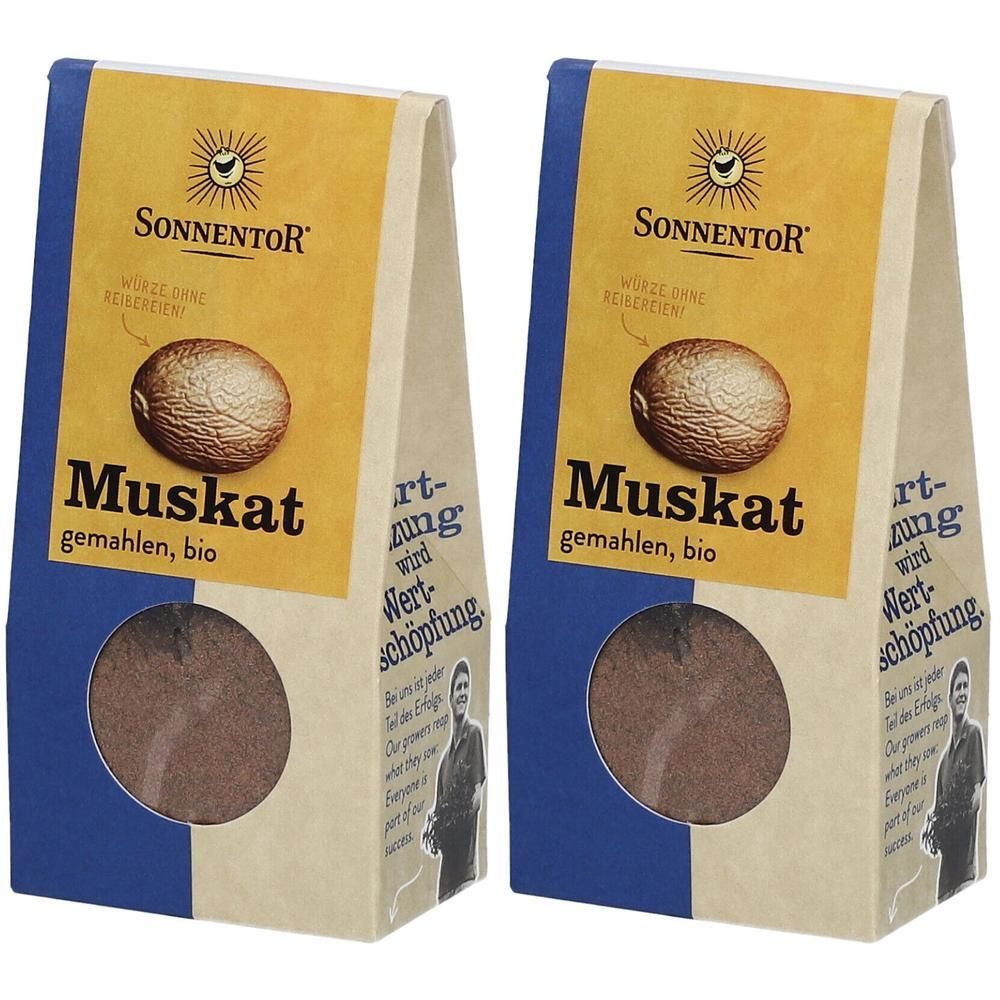 Zwei Packungen Sonnentor Muskat gemahlen, bio. Mit Sichtfenster zur Produktansicht.