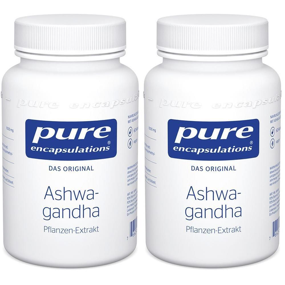 Zwei weiße Flaschen mit Ashwagandha Pflanzen-Extrakt von pure encapsulations®.