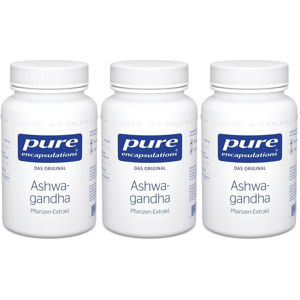 Drei weiße Behälter mit pure encapsulations® Ashwagandha, Pflanzen-Extrakt.