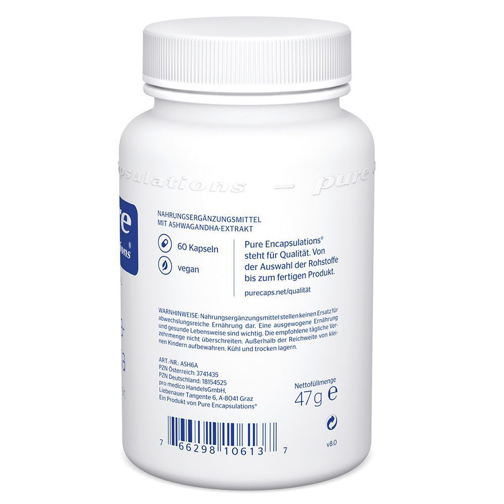 Rückseite eines pure encapsulations® Ashwagandha Behälters mit 60 Kapseln, vegan, 47g.