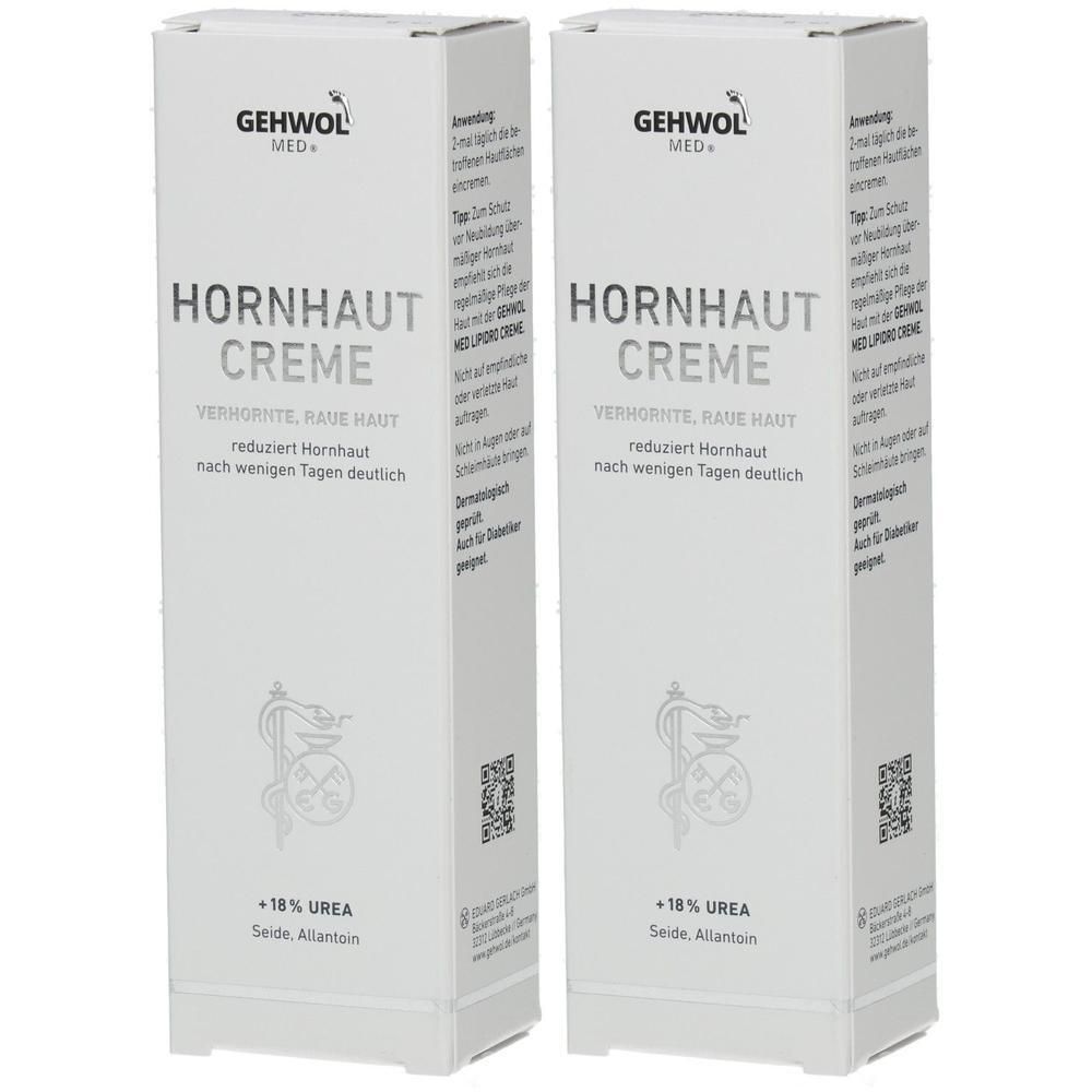 GEHWOL Hornhaut Creme mit 10% Urea, Seide und Allantoin. Zwei Packungen nebeneinander.