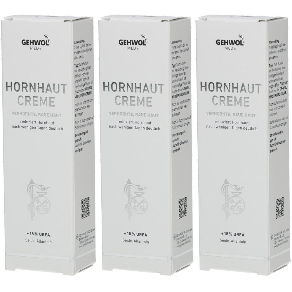 Drei GEHWOL HORNHAUT CREME Kartons mit 18% Urea und Seide, Allantoin.
