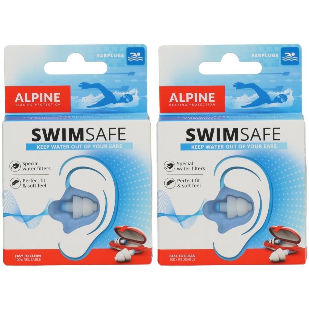 Zwei Packungen Alpine SwimSafe Ohrstöpsel mit speziellen Wasserfiltern und einem weichen Gefühl.