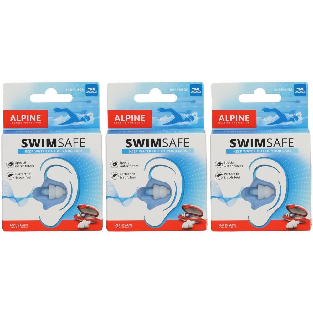 Drei Packungen Alpine SwimSafe Ohrstöpsel mit speziellen Wasserfiltern für perfekten Sitz und weiches Gefühl.