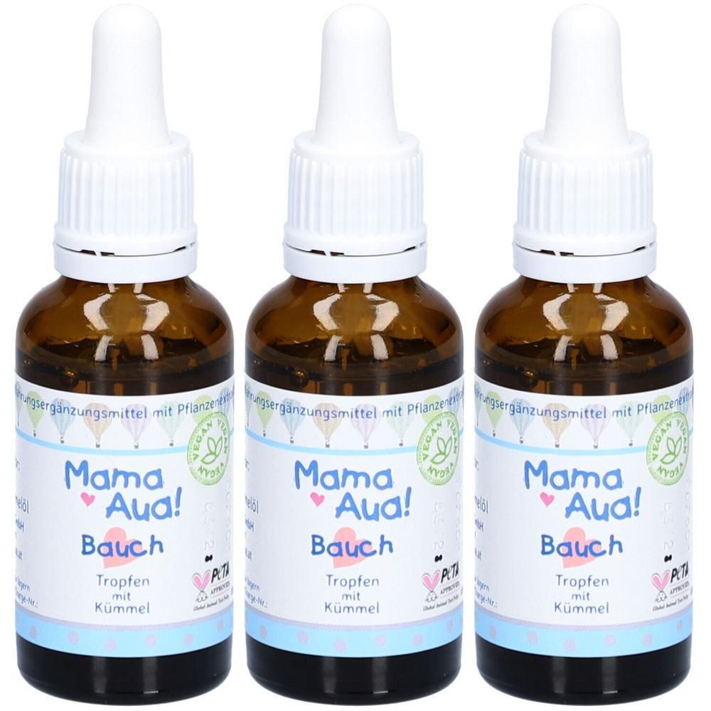 Drei braune Glasflaschen mit Tropfverschluss, gefüllt mit Flüssigkeit. Etikett mit "Mama Aua! Bauch" und "Tropfen mit Kümmel".