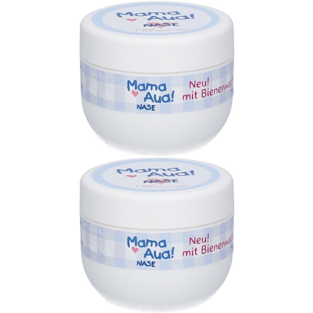 Zwei weiße Tiegel mit blau-weiß kariertem Etikett. Beschriftung: Mama Aua! Nase.
