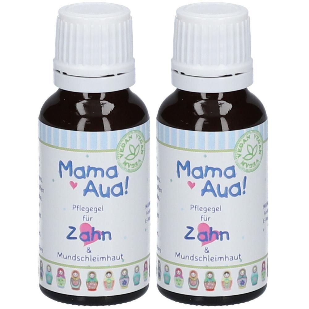 Zwei Flaschen Mama Aua! Pflegegel für Zahn & Mundschleimhaut. Mit veganem Siegel und russischen Puppen-Motiv.