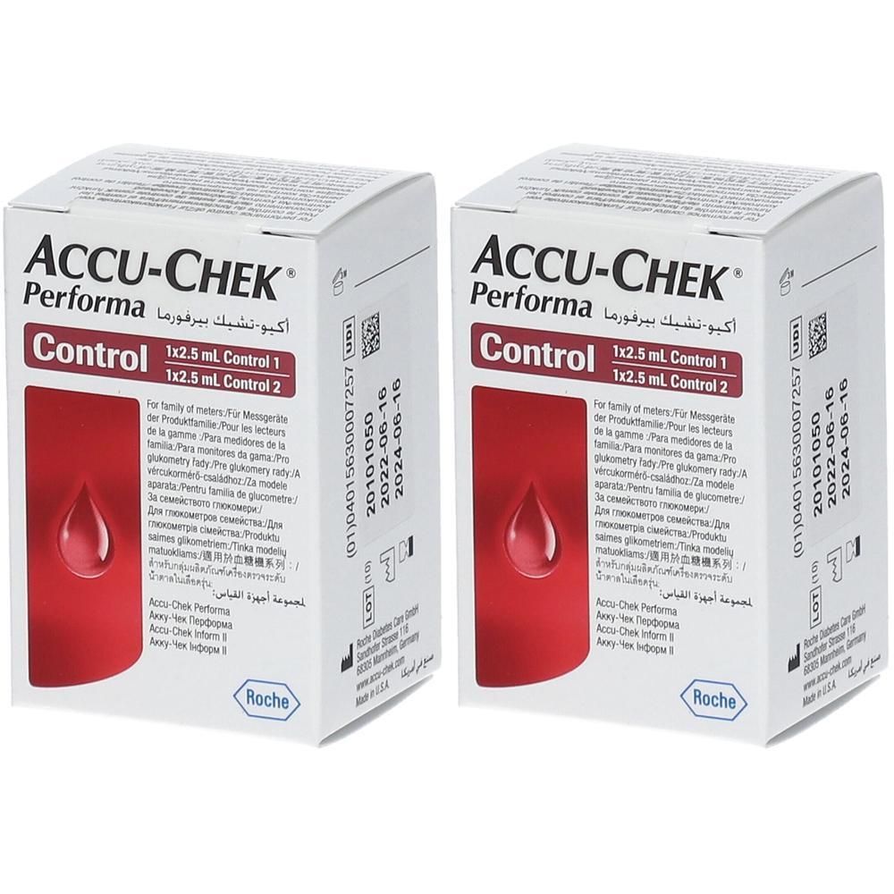 Zwei Packungen ACCU-CHEK Performa Control mit je 1x2.5 ml Control 1 und 1x2.5 ml Control 2. Rotes Design mit Tropfen.