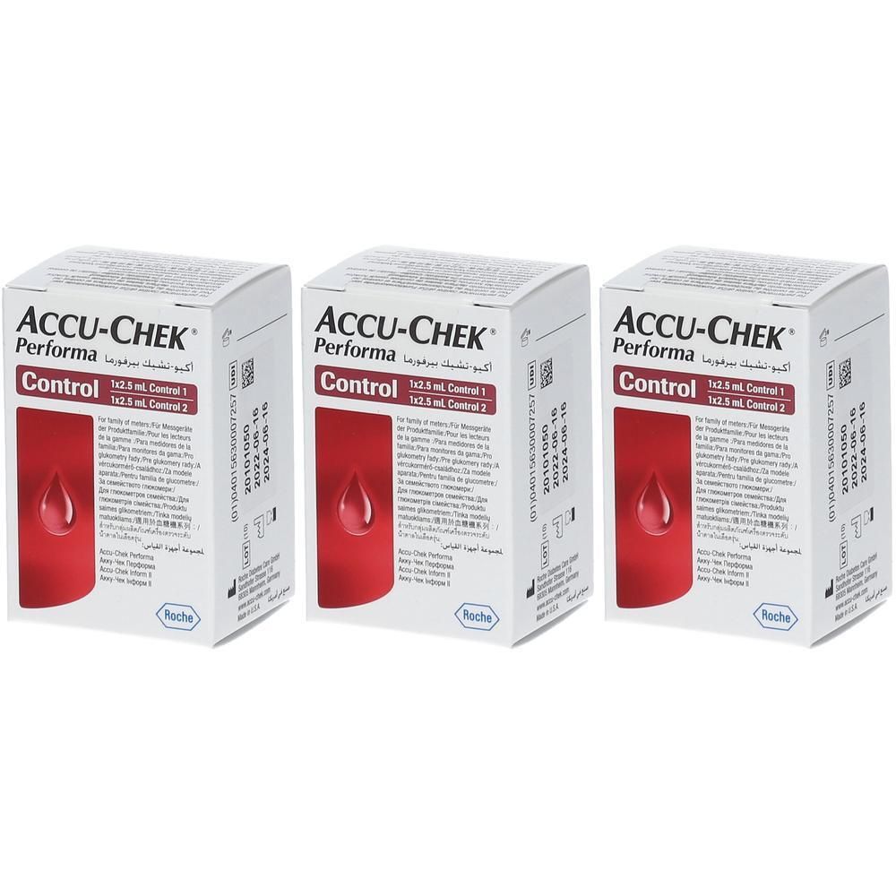 Drei Packungen ACCU-CHEK Performa Control mit je 1x 2.5 ml Control 1 und 1x 2.5 ml Control 2.