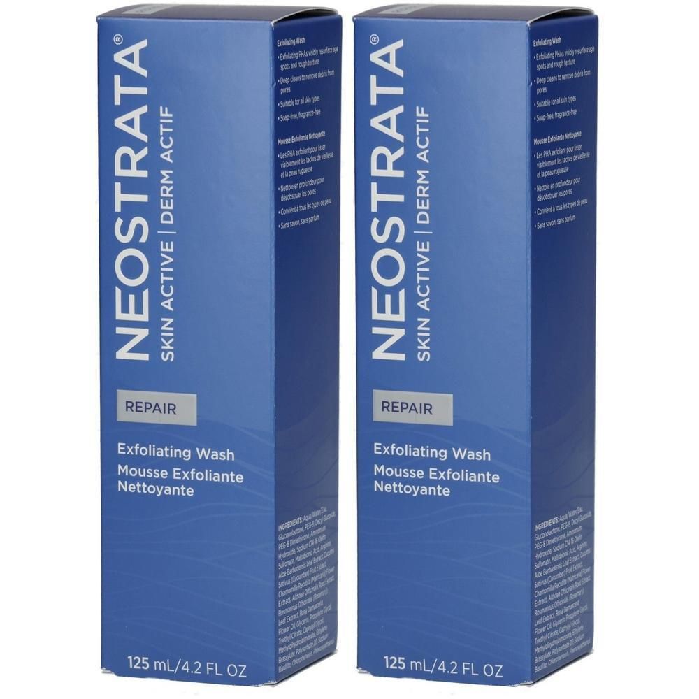 Zwei Schachteln NEOSTRATA Exfoliating Wash, 125 ml. Blaue Verpackung mit weißer Schrift.