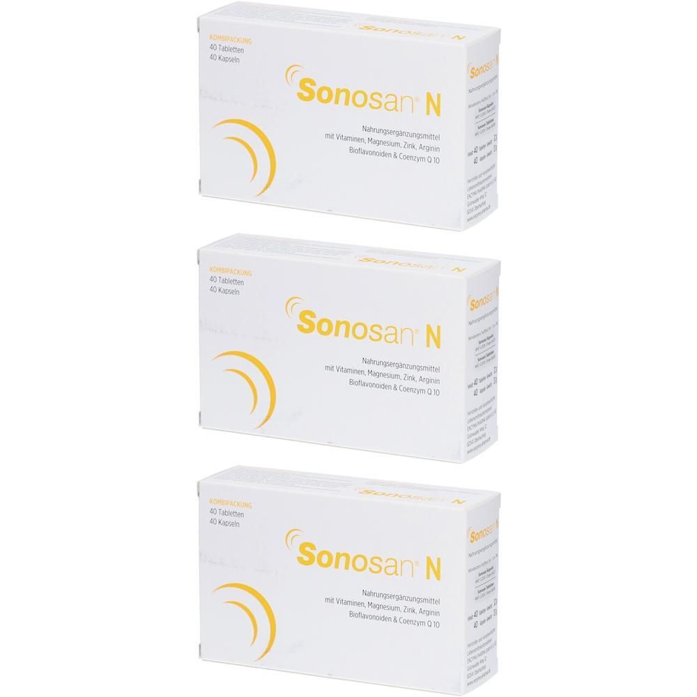 Drei Packungen Sonosan N Nahrungsergänzungsmittel mit Vitaminen, Magnesium, Zink, Arginin, B-Vitaminen und Coenzym Q10.