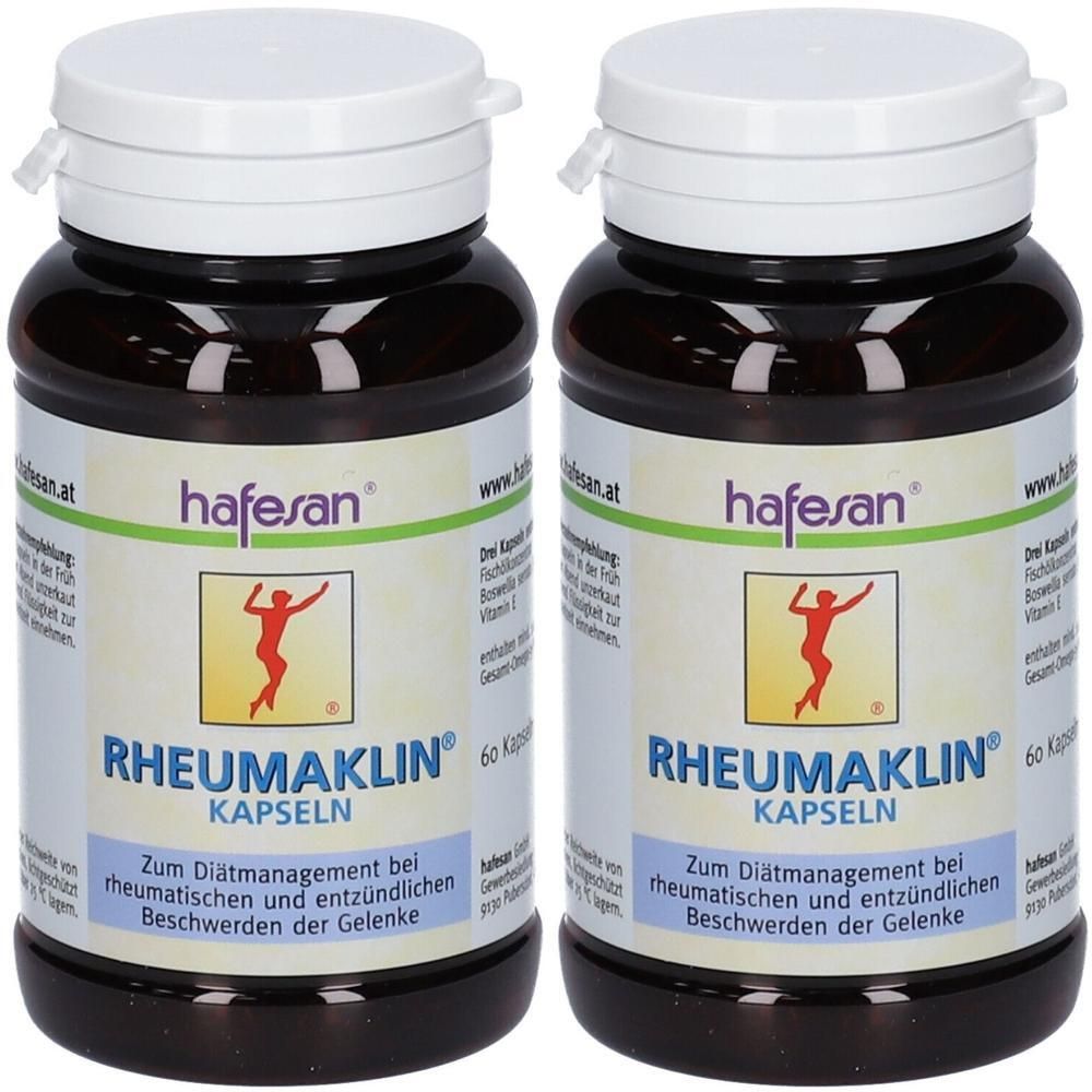 Zwei Braunglasflaschen mit weißen Schraubverschlüssen, gefüllt mit RHEUMAKLIN Kapseln. HafeSan Logo und Abbildung einer läuferischen Figur.