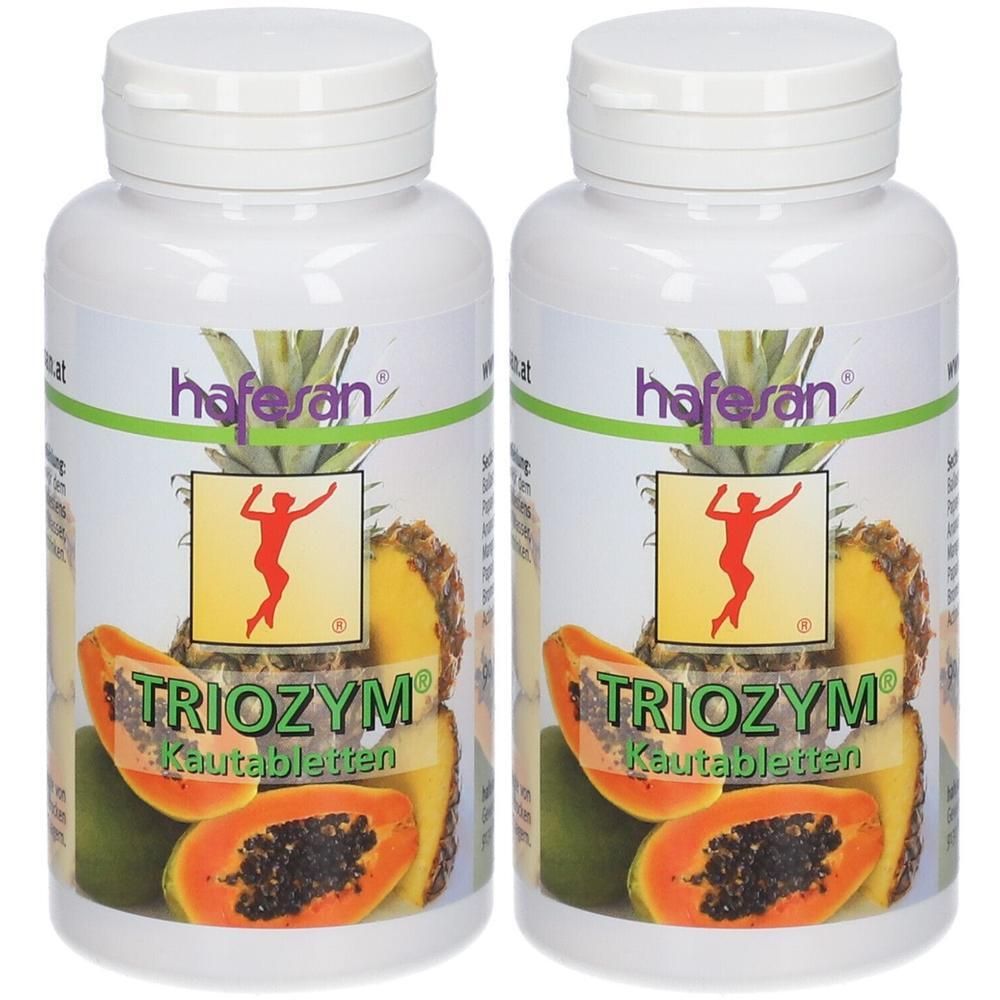 Zwei Dosen hafesan® Triozym® Kautabletten mit Abbildungen von Ananas und Papaya.