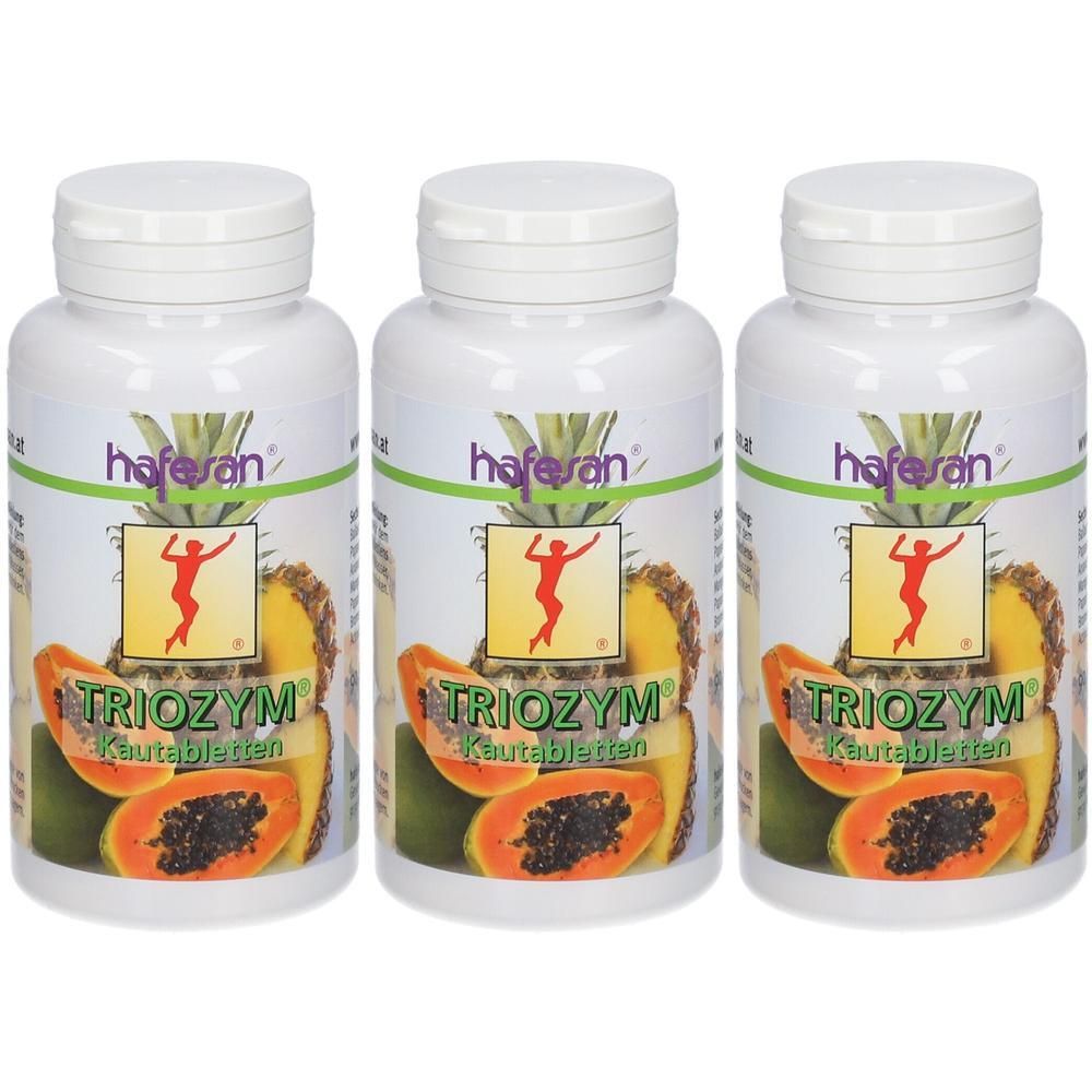 Drei Dosen Triozym Kautabletten mit Haferan Logo und Früchten.