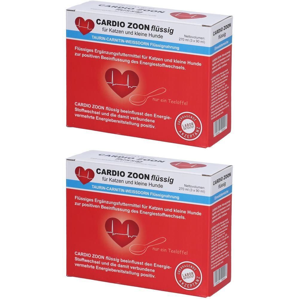Zwei Schachteln CARDIO ZOON flüssig für Katzen und kleine Hunde, mit Herz-EKG-Symbol und Löffel.