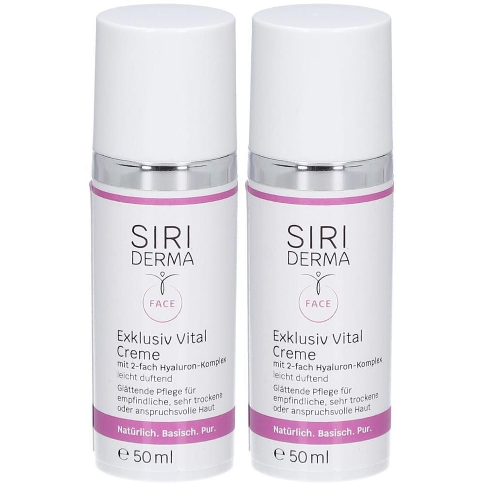 Zwei Flaschen SIRI DERMA Exklusiv Vital Creme, je 50 ml, mit Pumpspender.