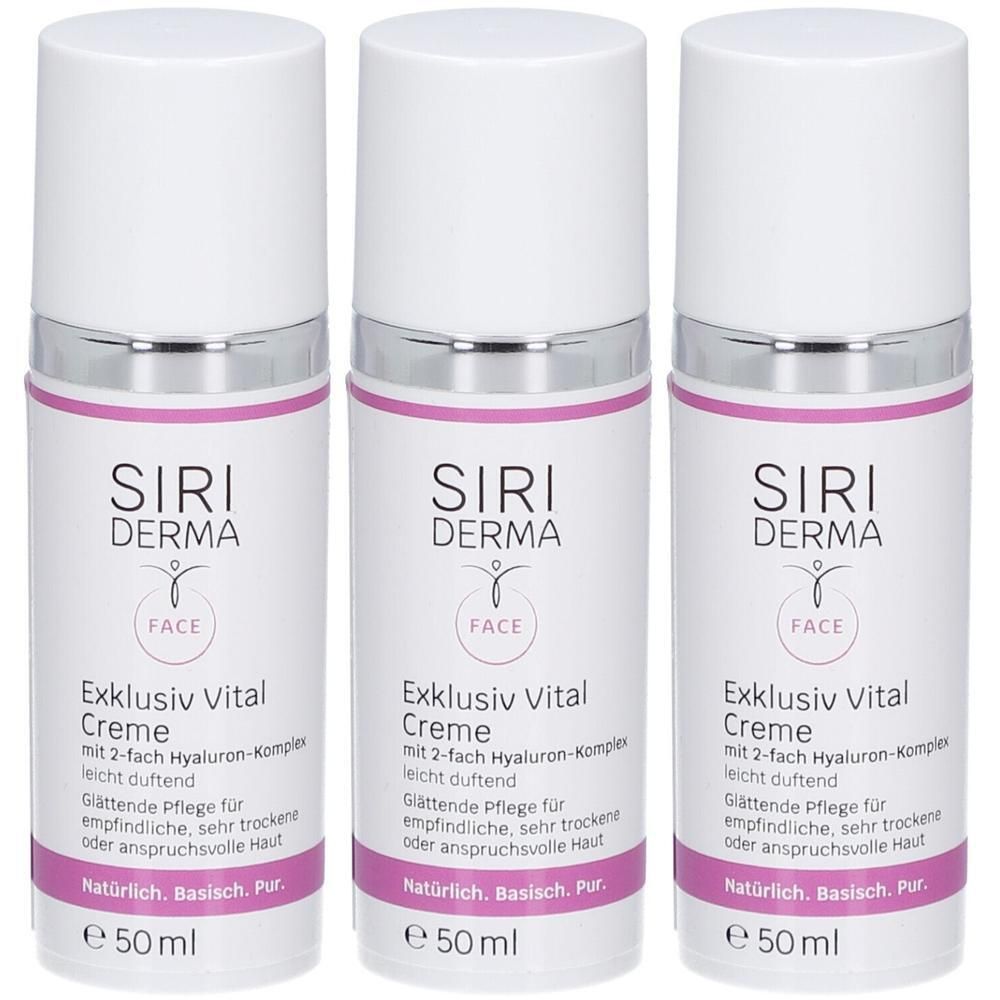 Drei Flaschen SIRI DERMA Exklusiv Vital Creme, je 50 ml, mit silbernem Ring und lila Akzenten.