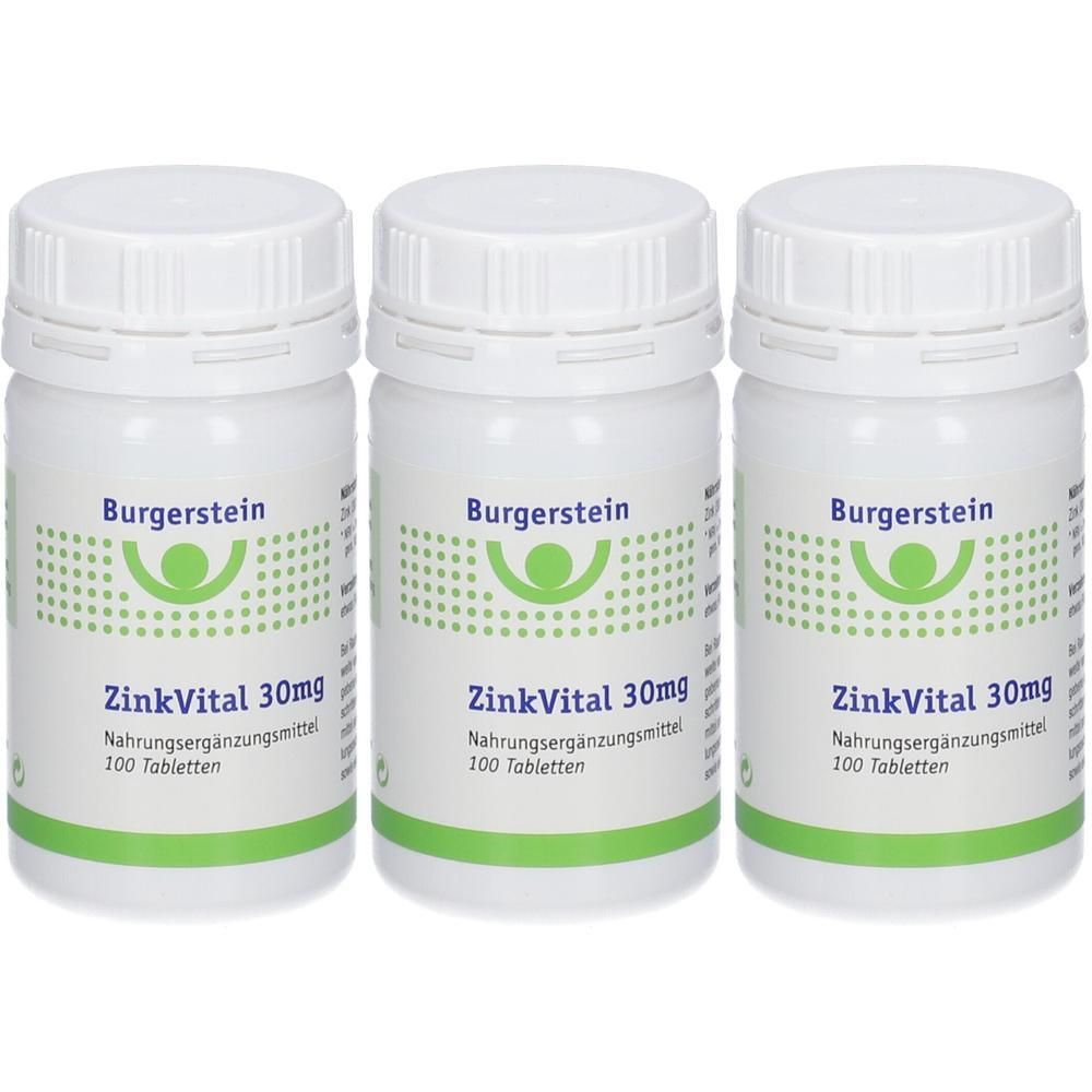 Drei weiße Behälter mit Burgerstein ZinkVital 30mg, Nahrungsergänzungsmittel, 100 Tabletten.