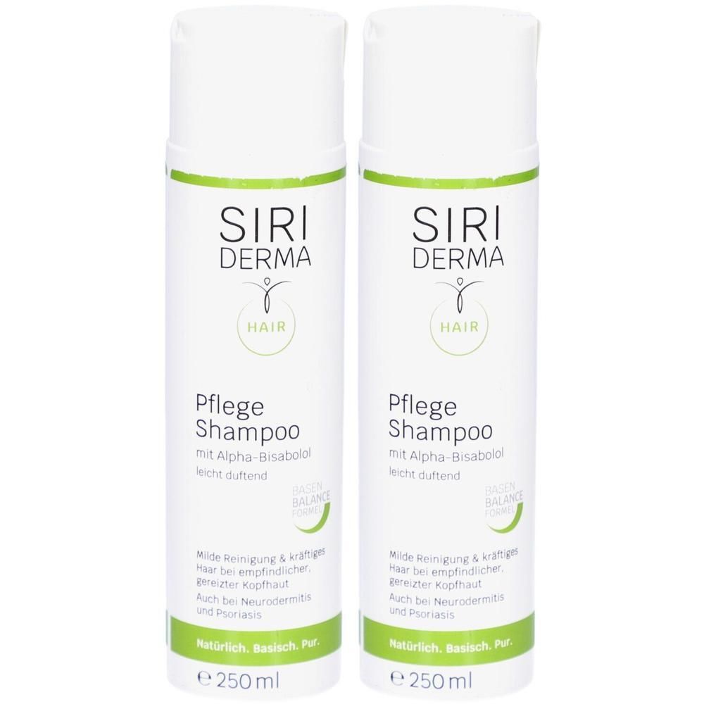 Zwei Flaschen SIRI DERMA Pflege Shampoo, je 250 ml. Milde Reinigung für empfindliches Haar und Kopfhaut.