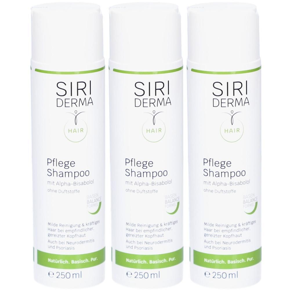 Drei Flaschen SIRIDERMA Pflege Shampoo, je 250 ml, für empfindliche Kopfhaut.