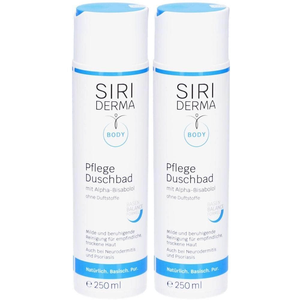 Zwei Flaschen SIRIDERMA Pflege Duschbad ohne Duftstoffe, je 250ml. Für empfindliche Haut.