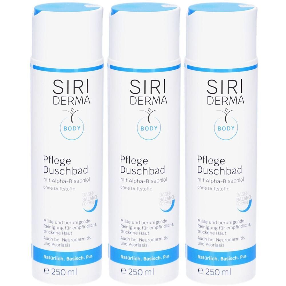 Drei Flaschen SIRI DERMA Pflege Duschbad, je 250 ml. Ohne Duftstoffe.