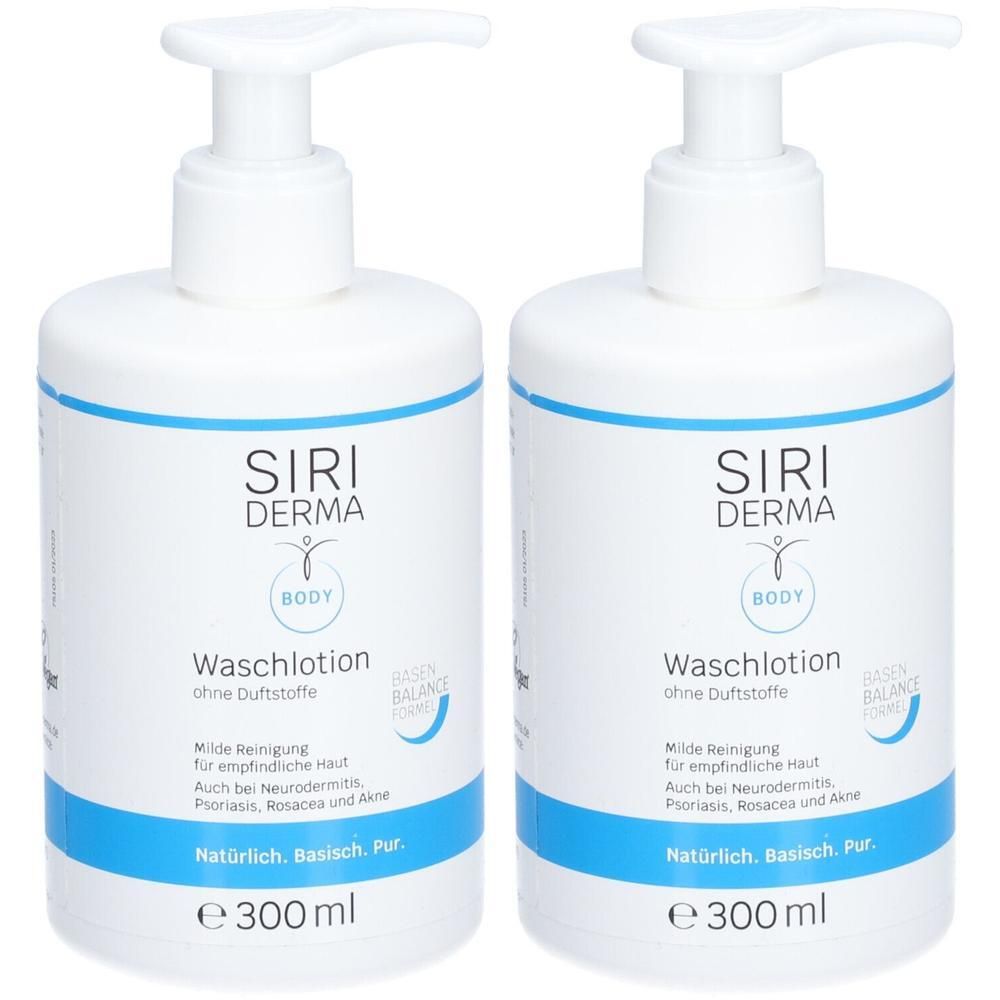 Zwei weiße Pumpflaschen SIRI DERMA Waschlotion, je 300 ml.
