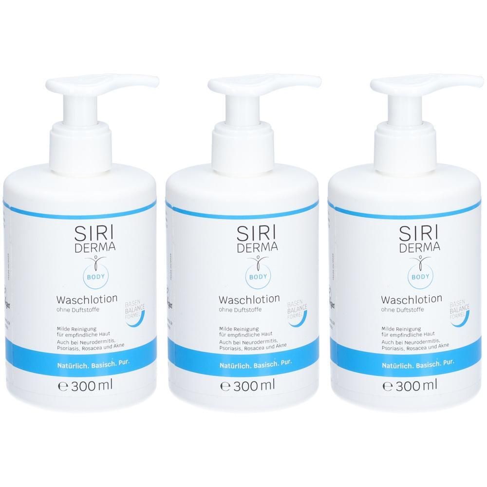 Drei weiße Pumpflaschen SIRI DERMA WaschLotion ohne Duftstoffe, je 300ml.