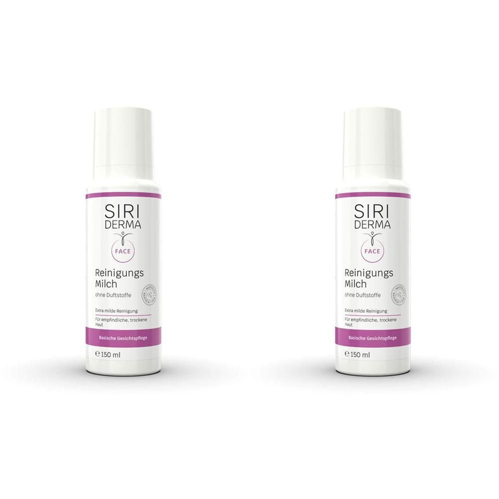 Zwei Flaschen SIRIDERMA Reinigungs Milch, je 150 ml. Weiße Flaschen mit lila Band.