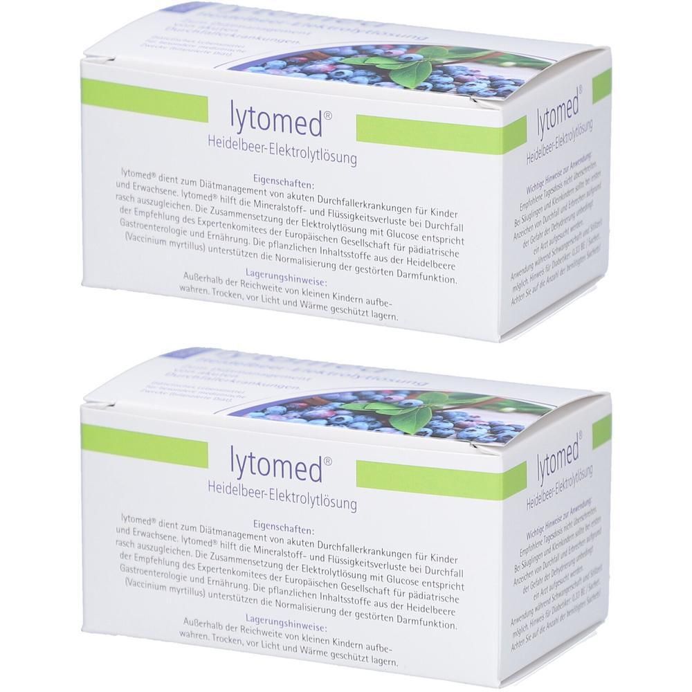 Zwei Packungen lytomed® Heidelbeer-Elektrolytlösung mit Blaubeer-Abbildung.