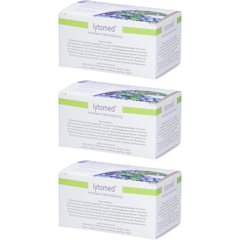 Drei Schachteln lytomed® Heidelbeer-Elektrolyt-Lösung mit blauem Beerenmotiv und grünen Akzenten.