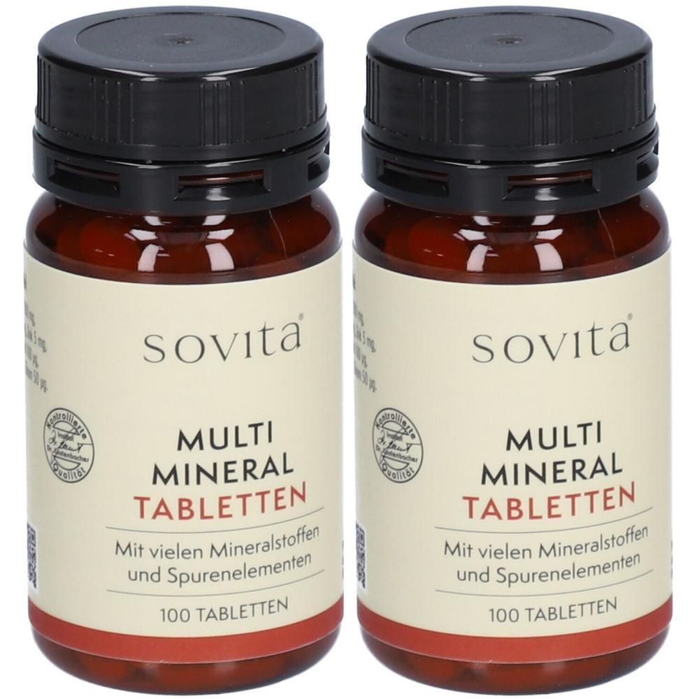Zwei braune Flaschen mit Sovita Multi Mineral Tabletten, jeweils 100 Tabletten.