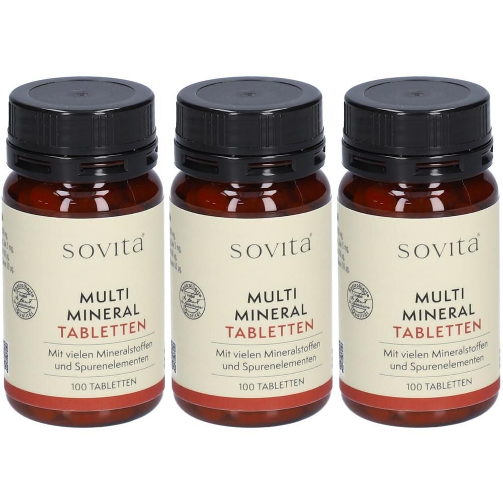Drei Flaschen Sovita Multi Mineral Tabletten, jeweils 100 Tabletten.