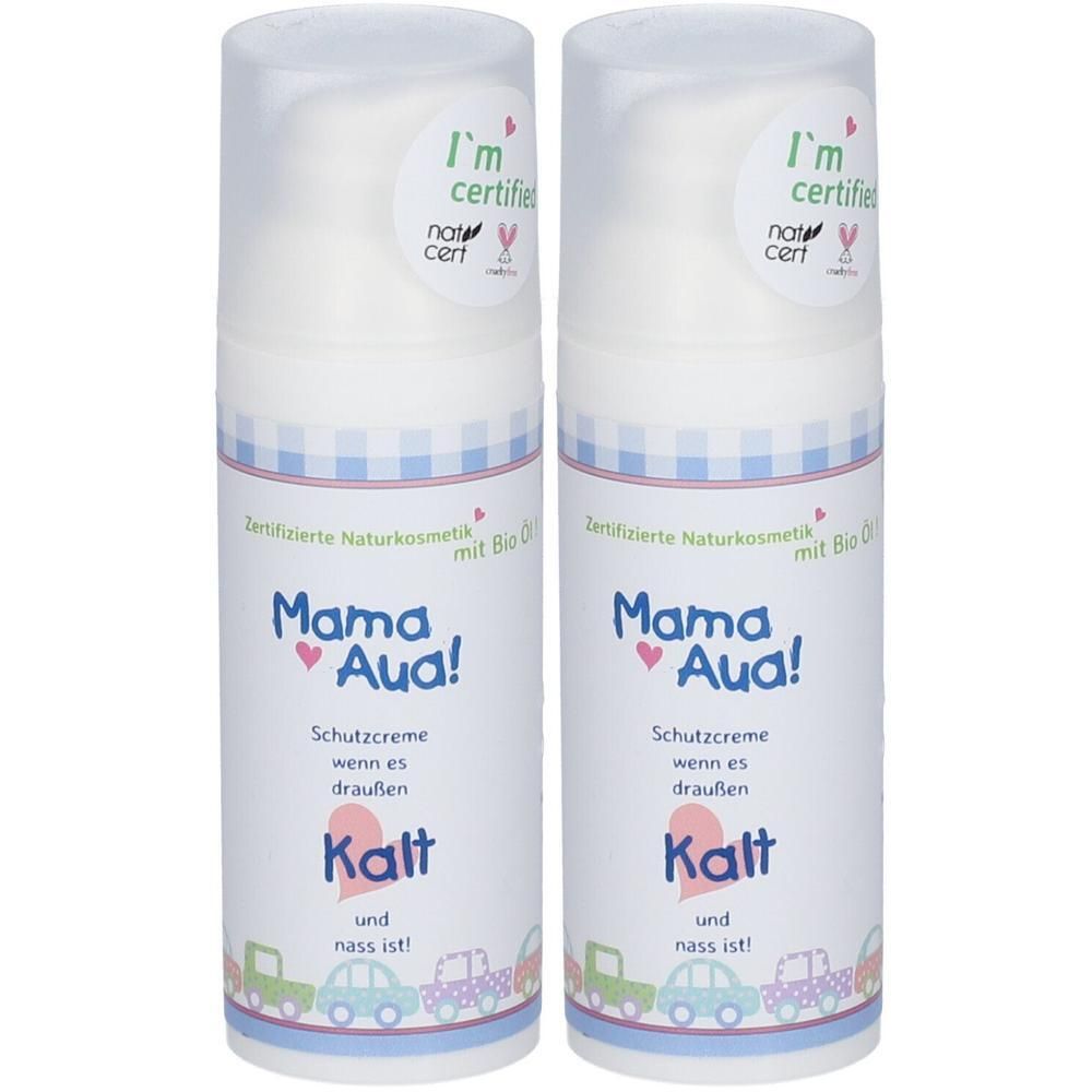 Zwei Flaschen Mama Aua! Schutzcreme mit Bio-Siegel und Zertifizierung.